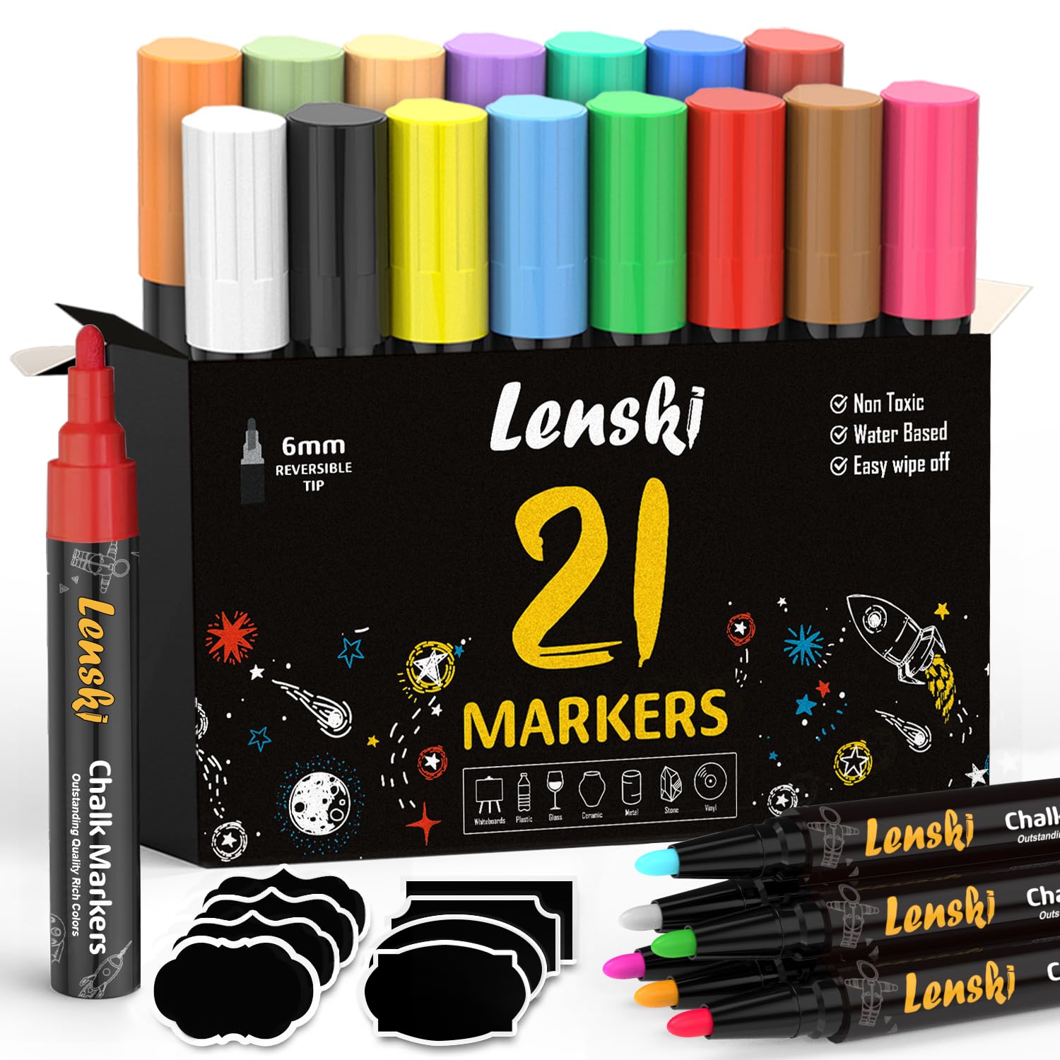 Lenski Liquid Chalk Pens, 21 Colour Liquid Chalk Markers, Easter Gifts for Kids, 6mm Chalk Pens for Blackboards, Window, Glass, Chalkboards,Reversible Tip, Girls Birthday Presents