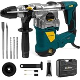 Enventor Rotary Hammer Drill with Safety Clutch, 13 A, 1-1/4 Inch SDS-Plus | Heavy Duty, 4 Modes, 0-850 RPM, 62 MM Concrete Capacity, 360&deg; Handle, 3 Drill Bits, 2 Chisels, Carrying Case