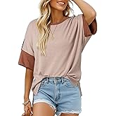 Dokotoo Womens Tops Oversized Trendy Shirts 2026 Summer Color Block Crewneck Business Casual Womens Blouses S-2XL
