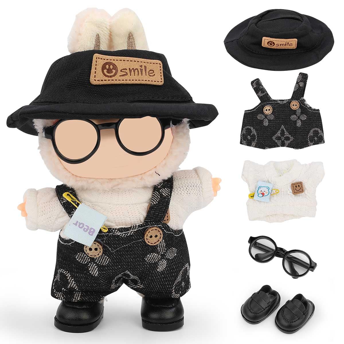 LEWOTE Clothes Set Compatible for Labubu Doll, Hat Suit Ornaments Accessories Set for 17cm/6.7inch Doll (Sweater/Overalls/Hat/Glasses/Leather Boots Set 4)