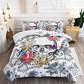 DYcolor 3D Gothic Flower Butterfly Skull Quilt, 3-Piece Flying Skeleton Butterfly Skull Comforter Set with 1 Comforter and 2 Pillow Cases for Kids, Teens, Adults (White, Queen)