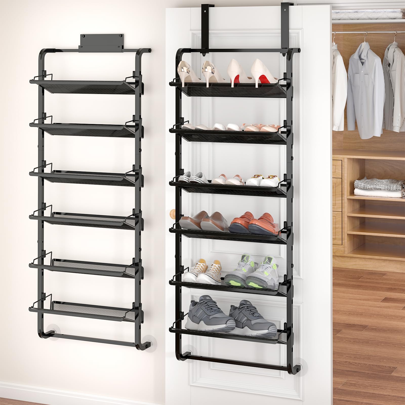 Photo 1 of bukfen Over The Door Shoe Organizer,6-Tier Adjustable Door-Mounted/Wall-Mounted Shoe Rack,Heavy-Duty Metal Storage for Closet Door,Black,1 Pack