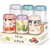 SECLENT 6 Pack Overnight Oats Containers with Lids, Wide Mouth Mason Jars 16oz, Glass Food Storage Containers with Airtight Lids, Overnight Oats Jars for Yogurt, Salad, Meal Prep, Snacks, Chia Pudding