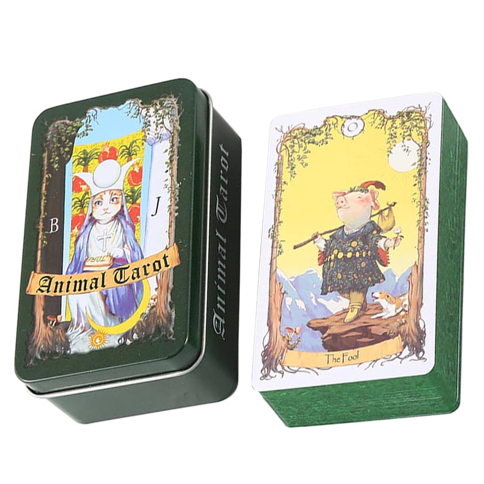 Animal Tarot Deck in A Tin, 78 Gilded Green Tarot Cards, Complete Set of Lovely Tarot, Tin Edition: 4.06