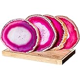 Luxury Lane Set of 4 Large Natural Brazilian Agate Slice Geode Rock Stone Drink Coasters with Wood Holder 4.3-4.7 inch Centerpiece Table Decoration, Rose Pink