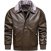 HOOD CREW Mens Faux Leather Flight Bomber Jacket with Fur Collar Winter Warm Fleece Lined Jackets