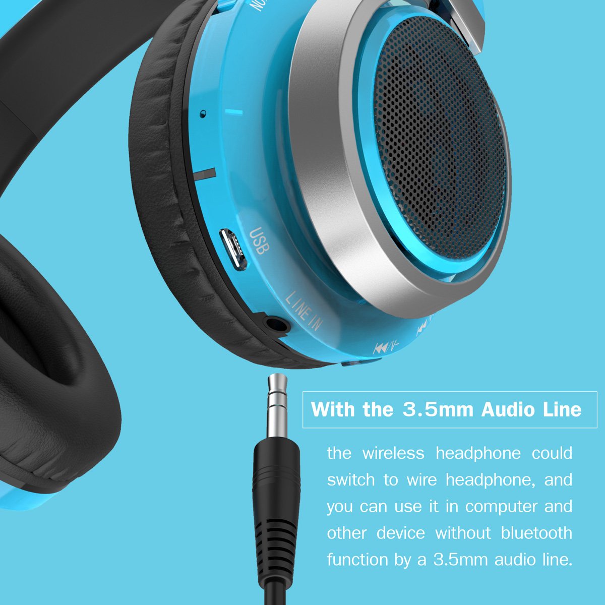 Excelvan Wireless Bluetooth Over Ear Headphones with Flashing Light for Kids Children Support FM Radio TF Card for iPhone 8 7 7plus ipad Tablet Samsung Android Phones (Blue)