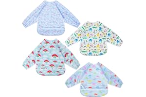 CUXFLS Mess Proof Long Sleeve Baby Bibs for Toddlers, Feeding Bibs Waterproof Soft Infant Outfit Bibs Apron 4 Packs