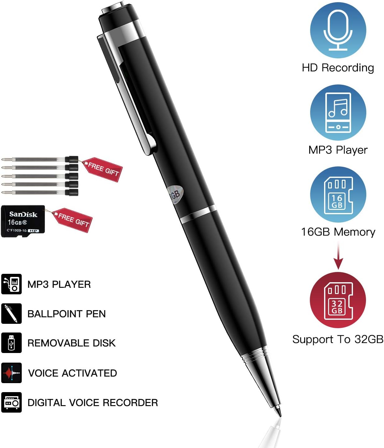 Voice Recorder Pen Digital POVO Portable Mini HD Audio Recording Device 16 GB Voice Activated