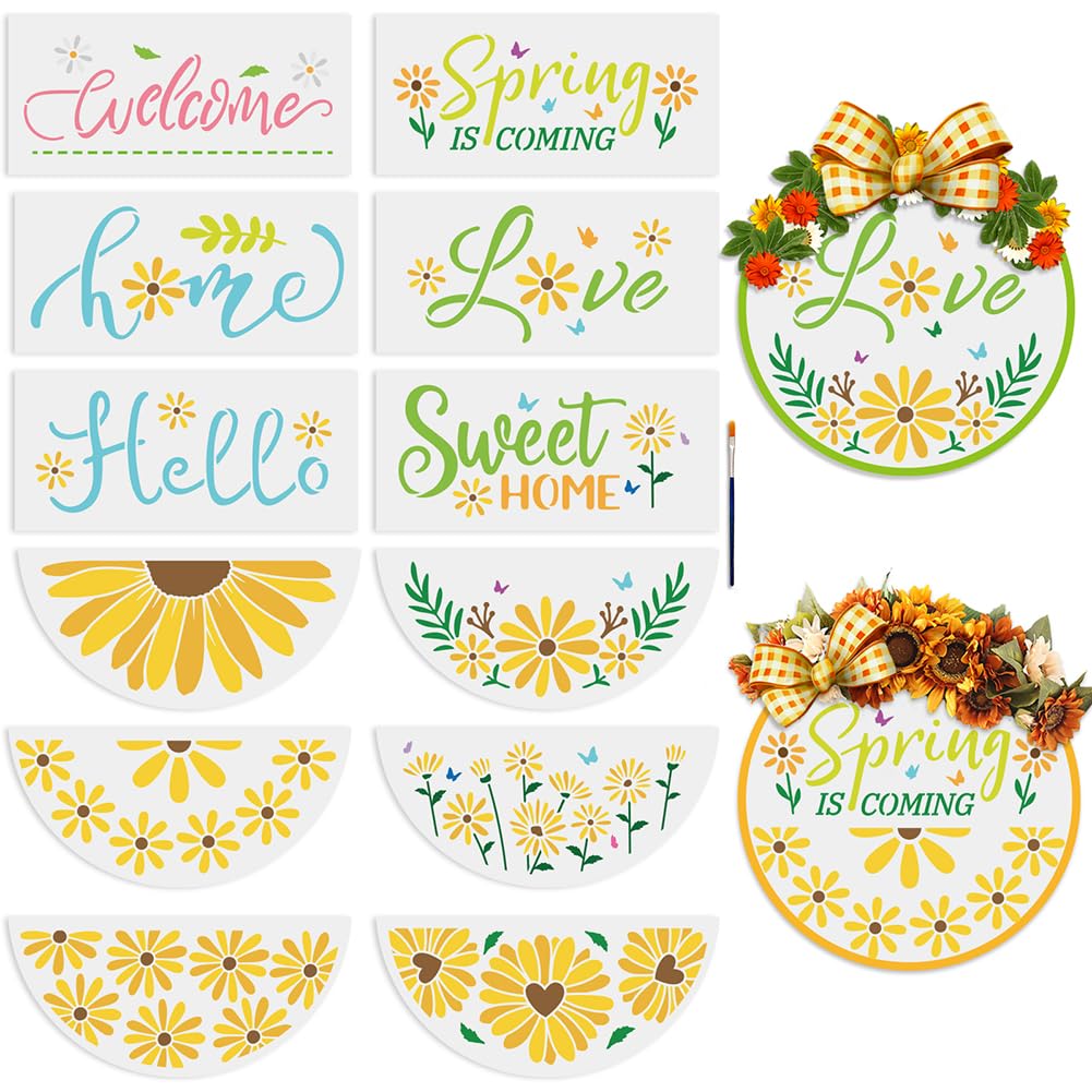 MAYJOYDIY 12pcs Daisy Flower Welcome Stencil for Painting on Wood Floral Plant Half Round Stencils 30cm Free Combination Spring Summer Nature Stencils with Brush for Porch Door Wood Sign