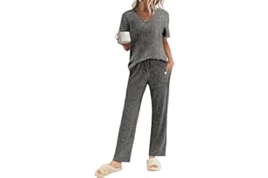 Ekouaer Womens Ribbed Knit Lounge Set Short Sleeve Top and Long Pants Sleepwear Pajama Set Two Piece Matching Outfits Set