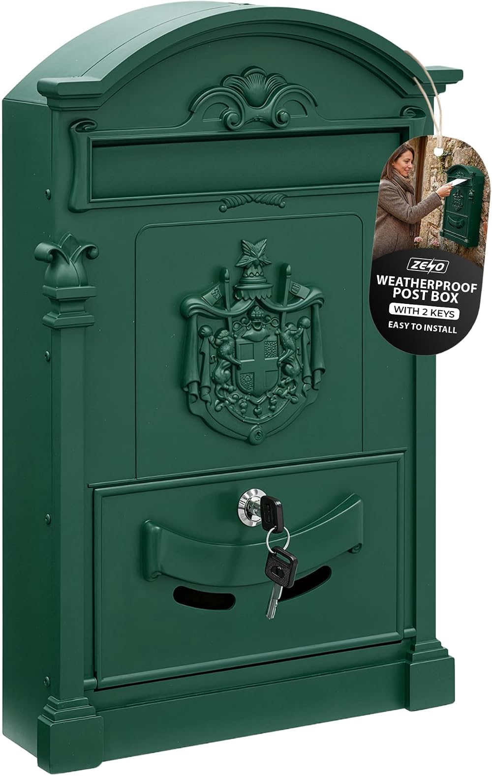 ZENO Letter Box Wall Mounted Green Postbox with 2 Keys Large Classic Mailbox