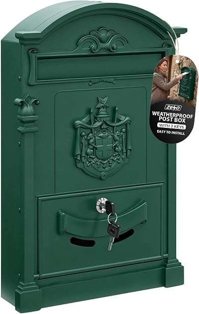 ZENO Letter Box Wall Mounted Green Postbox with 2 Keys Large Classic Mailbox
