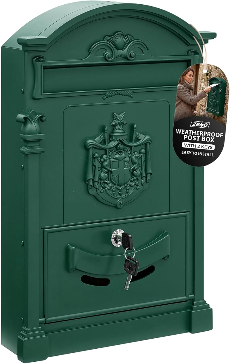 ZENO Letter Box Wall Mounted Green Postbox with 2 Keys Large Classic Mailbox