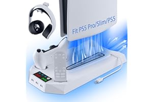 PS5 Cooling Station, LHFDIAN PS5 Pro Stand Vertical and 3 Levels Turbo Fan with Dual Charging Station for PlayStation 5 Pro/Slim, PS5 Accessories Kit, Headset Holder for PS5 Digital/Disc-White