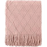 BATTILO HOME Blush Throw Blanket with Tassels, Pink Knit Blanket for Home Decor, Boho Style Textured Knitted Decorative Blanket for Couch, Sofa &Bed, 50"x60"