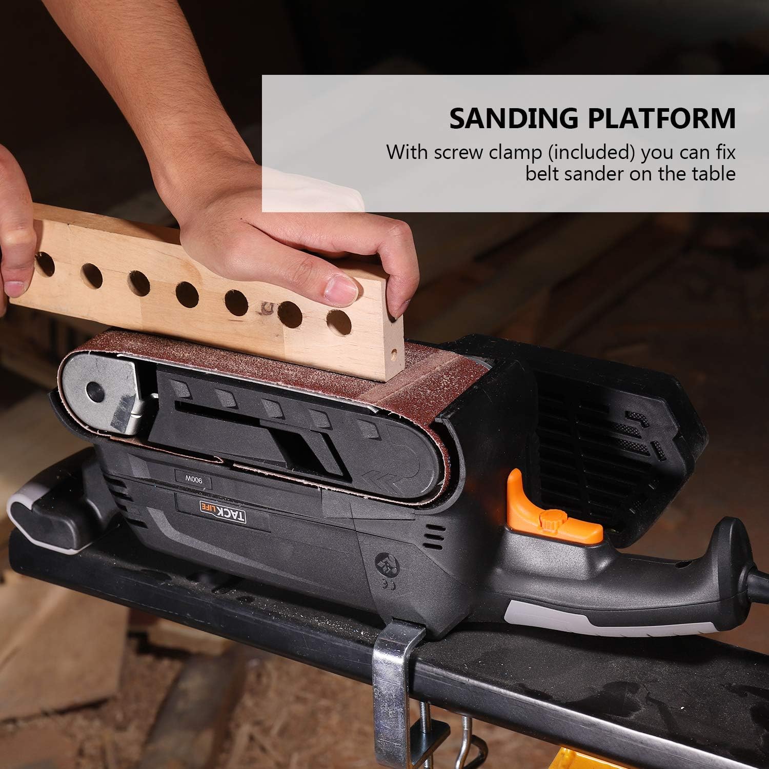 TACKLIFE Belt Sander, 7.5A 900W, 3×21-Inch Bench Sander, Variable Speed 450 to 750RPM with 12 Dials, Fixed Screw Clamp, Vacuum Adapter 32/35mm, Pure Copper Motor, Lock Button for Efficient Work PSFS2A - - 