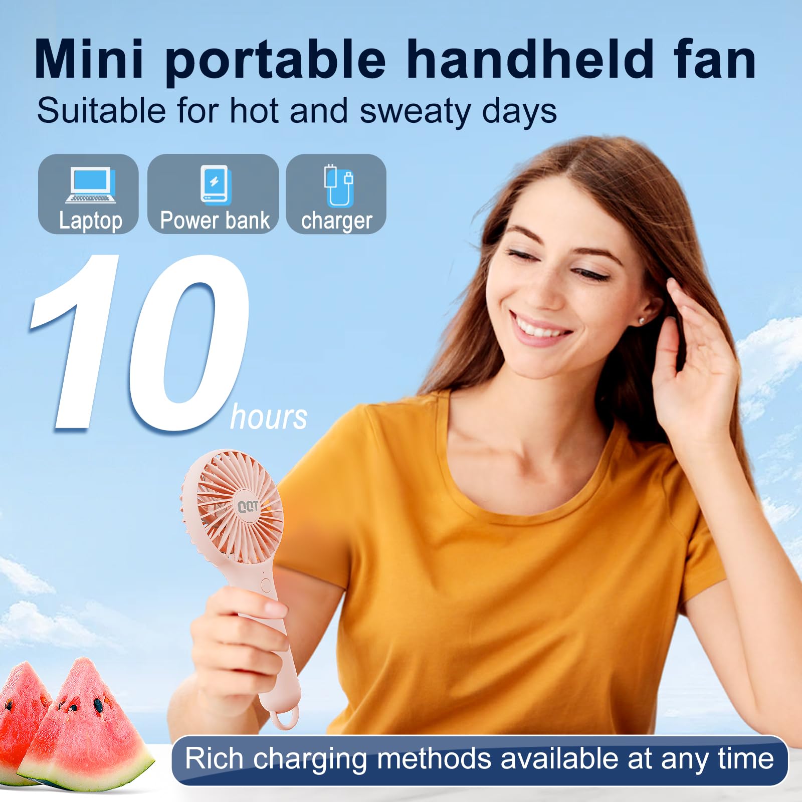 QQT Mini Handheld Fan, Small Personal Fan with 3 Speeds, Portable Battery Operated, USB Rechargeable Makeup Eyelash Dryer, Strong Airflow for Travel, Office, Outdoor, Women, Men, and Kids(Pink)