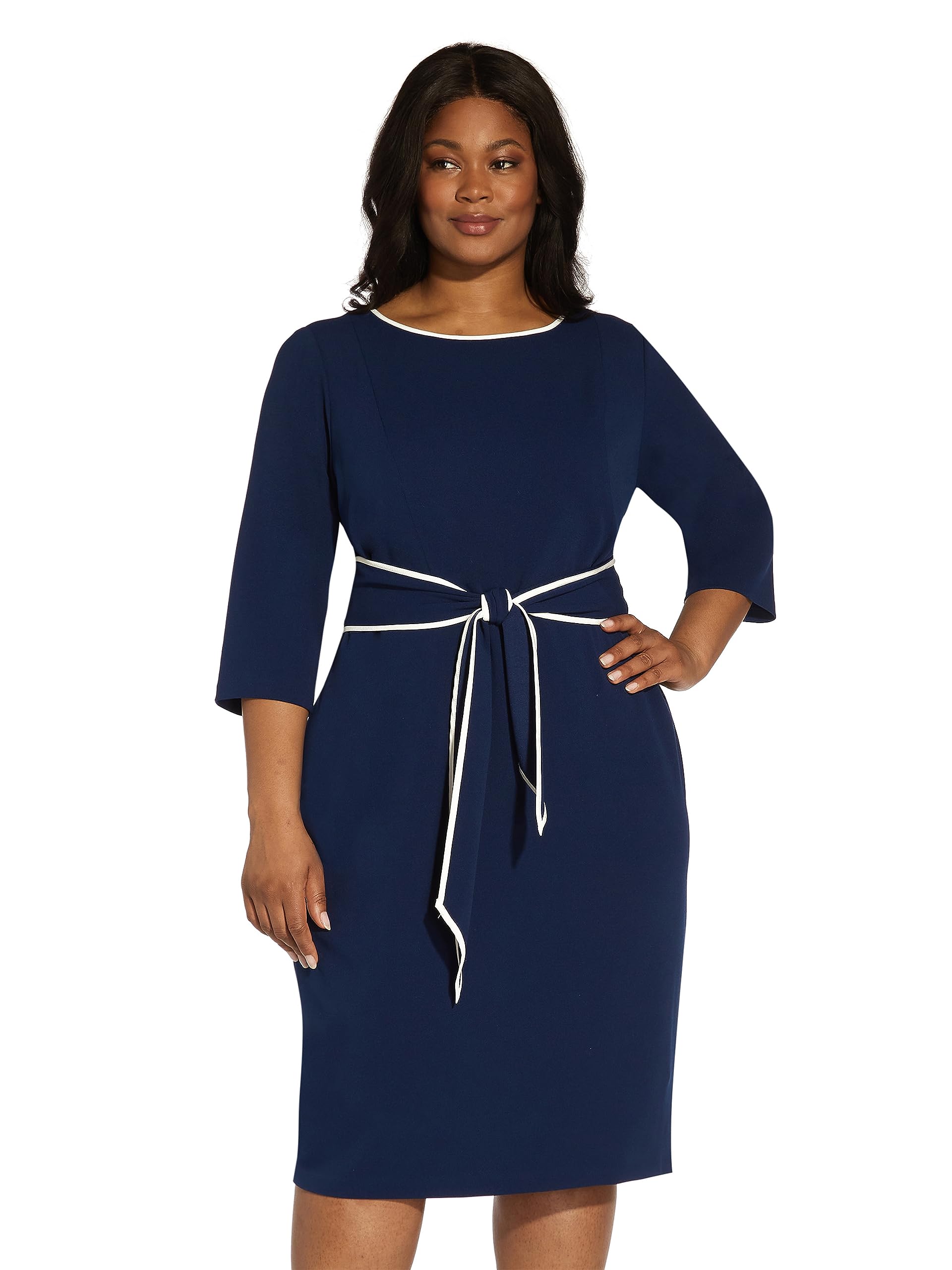 Adrianna Papell Women’s Tipped Crepe TIE Dress, Navy Sateen/Ivory