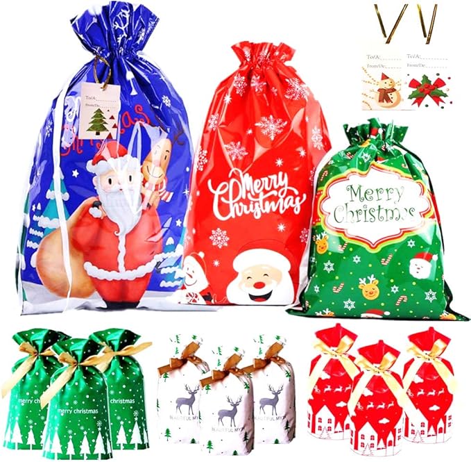 36Pcs Christmas Drawstring Gift Bags with 30 Tags,6 Design 4 Size