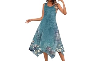 FONMA Summer Spring Dress for Women Casual Fashion Round Neck Sleeveless Dress Printed Slim Fit Irregular Midi Dress