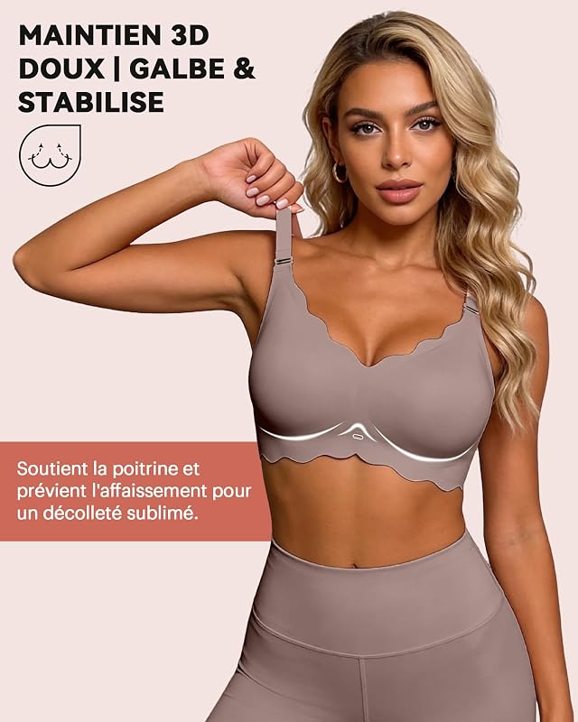 Soutien-Gorge sans Armature Confortable Col V Festonné Marron XL