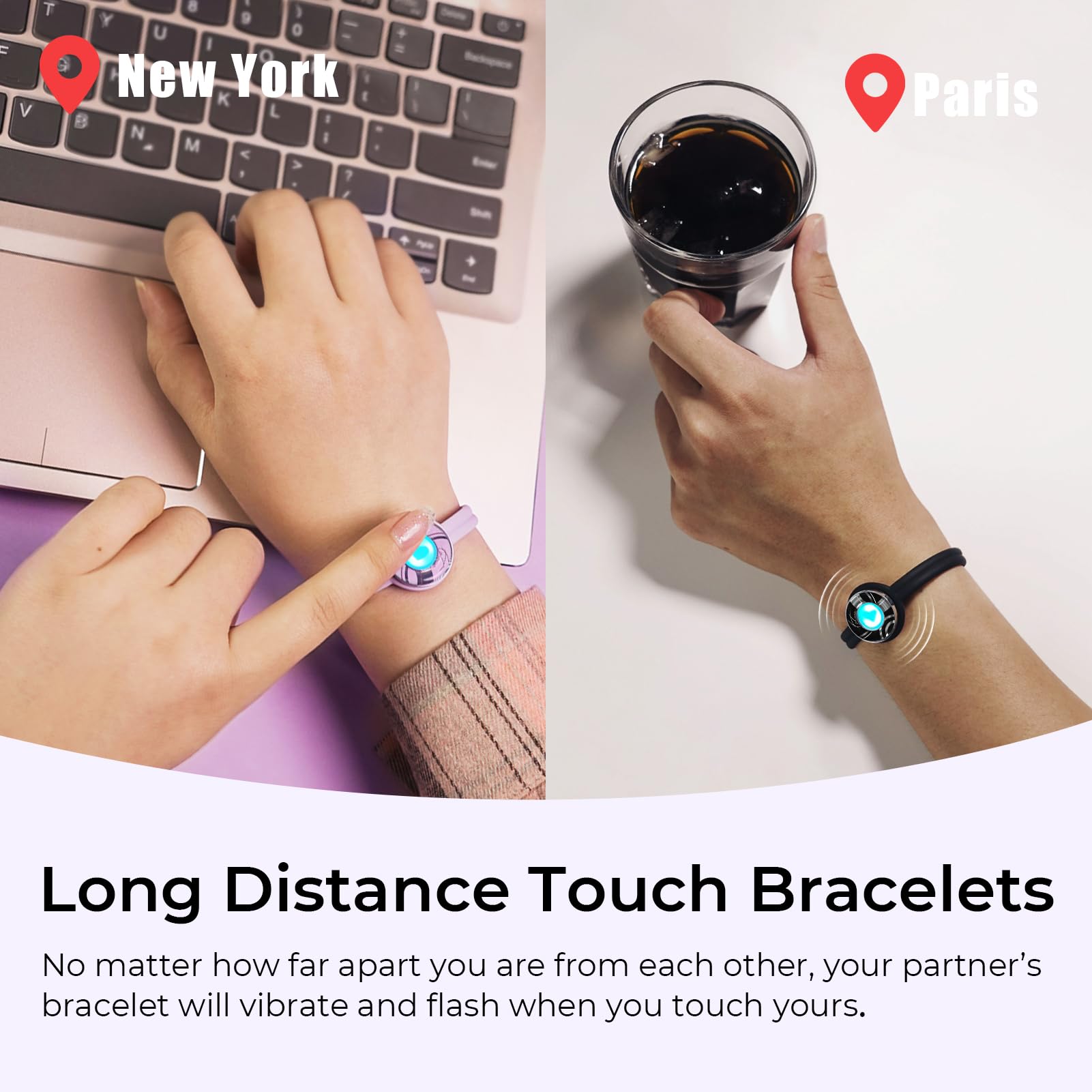 TOTWOO Long Distance Touch Bracelets, Light up & Vibration for Love - Pair of Bracelets Long Distance Relationship Gifts for Girlfriend, Mother-Daughter, Sisters Bluetooth APP Set Up Pairing Jewelry