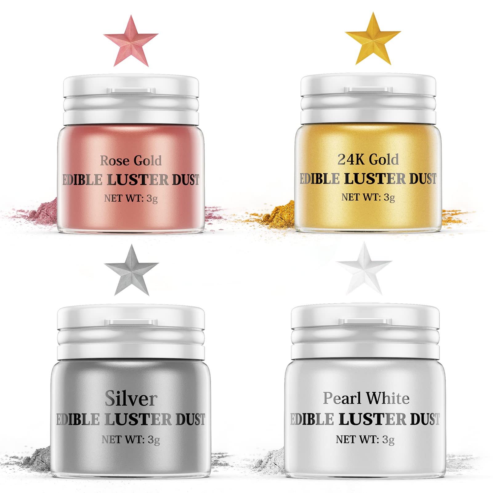 Luster Dust Edible Set - 4 Colors Food Grade Shimmer Nomeca Cake Dust Metallic Food Coloring Powder Glitter for Cake Decorating, Baking, Fondant, Gumpaste, Chocolate, Candy, Drinks, Cookie-(3g/Bottle)