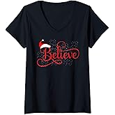Womens Believe santa hat Snowflakes Red V-Neck T-Shirt
