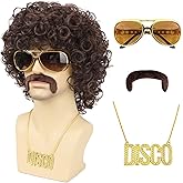 TUOFLY Mens 70s 80s Disco Brown Curly Wig With Glasses Necklace Mustache and Wig Cap Natural Fluffy for Rocker Halloween Costume Cosplay