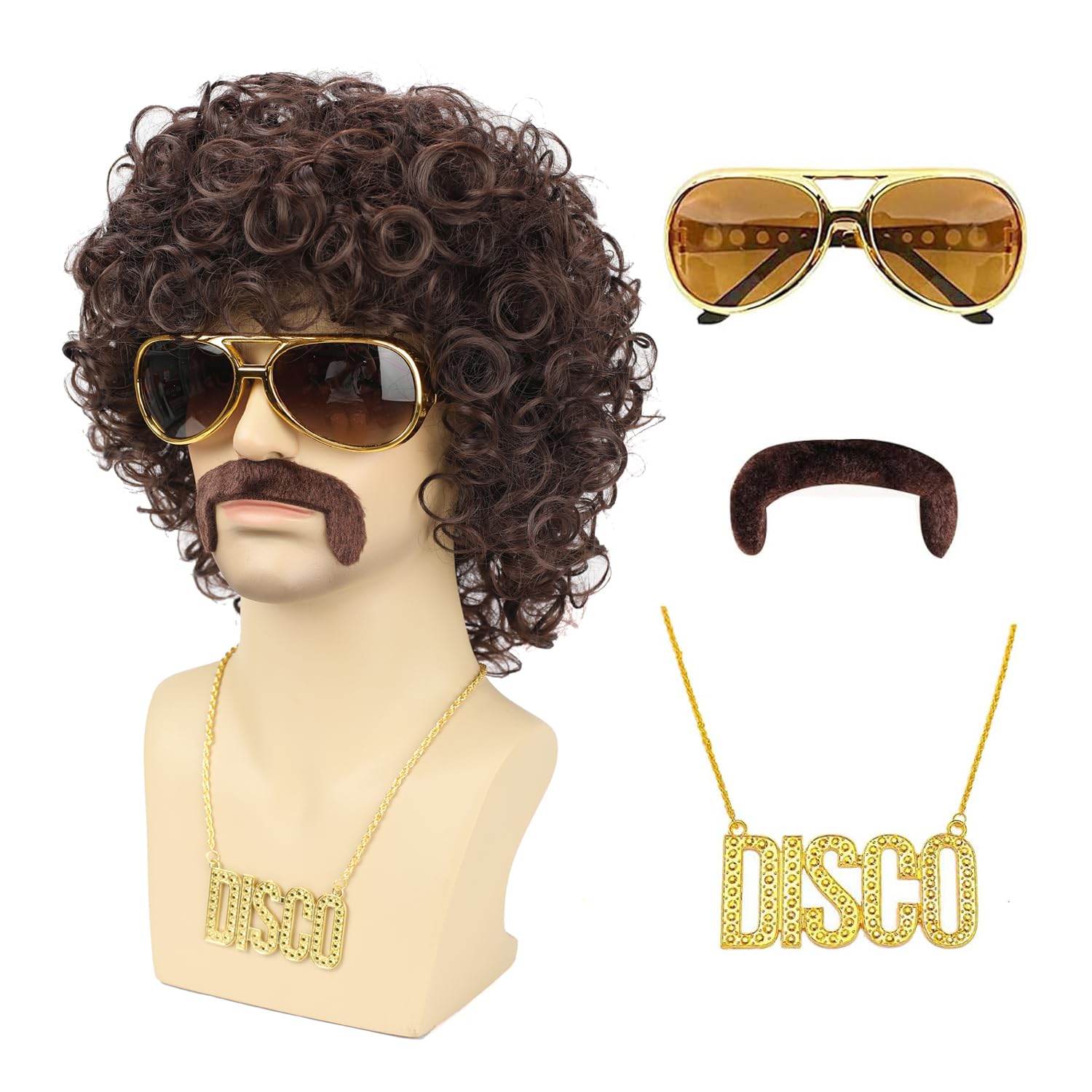 Photo 1 of TUOFLY Mens 70s 80s Disco Brown Curly Wig With Glasses Necklace Mustache and Wig Cap Natural Fluffy for Rocker Halloween Costume Cosplay
