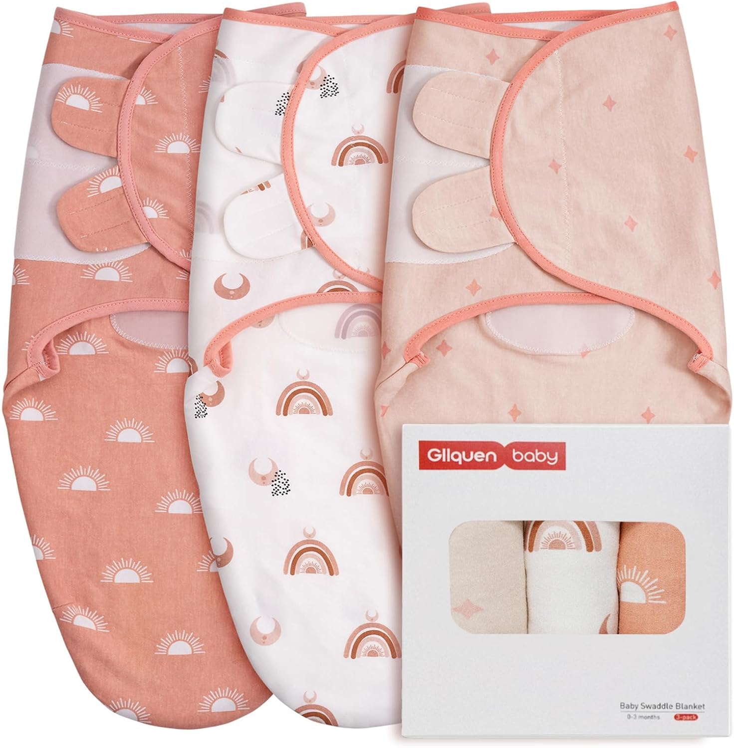 GLLQUEN BABY 3-Pack Organic Baby Swaddle Sleep Sacks for Newborn - Baby Swaddles 0-3 Months, Swaddle Sack, Rainbow & Sun, Blanket Wrap (Small/Medium)