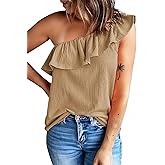 Dokotoo Womens One Shoulder Tops Ruffled Solid Tunic Shirts Sleeveless Loose Tank Top