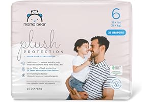 Amazon Brand - Mama Bear Plush Protection Diapers - Size 6, 25 Count, Hypoallergenic Premium Disposable Baby Diapers, White and Cloud Dreams
