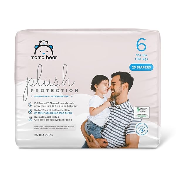 AMAZON BRAND – MAMA BEAR PLUSH PROTECTION DIAPERS – SIZE 6, 25 COUNT, HYPOALLERGENIC PREMIUM DISPOSABLE BABY DIAPERS, WHITE AND CLOUD DREAMS