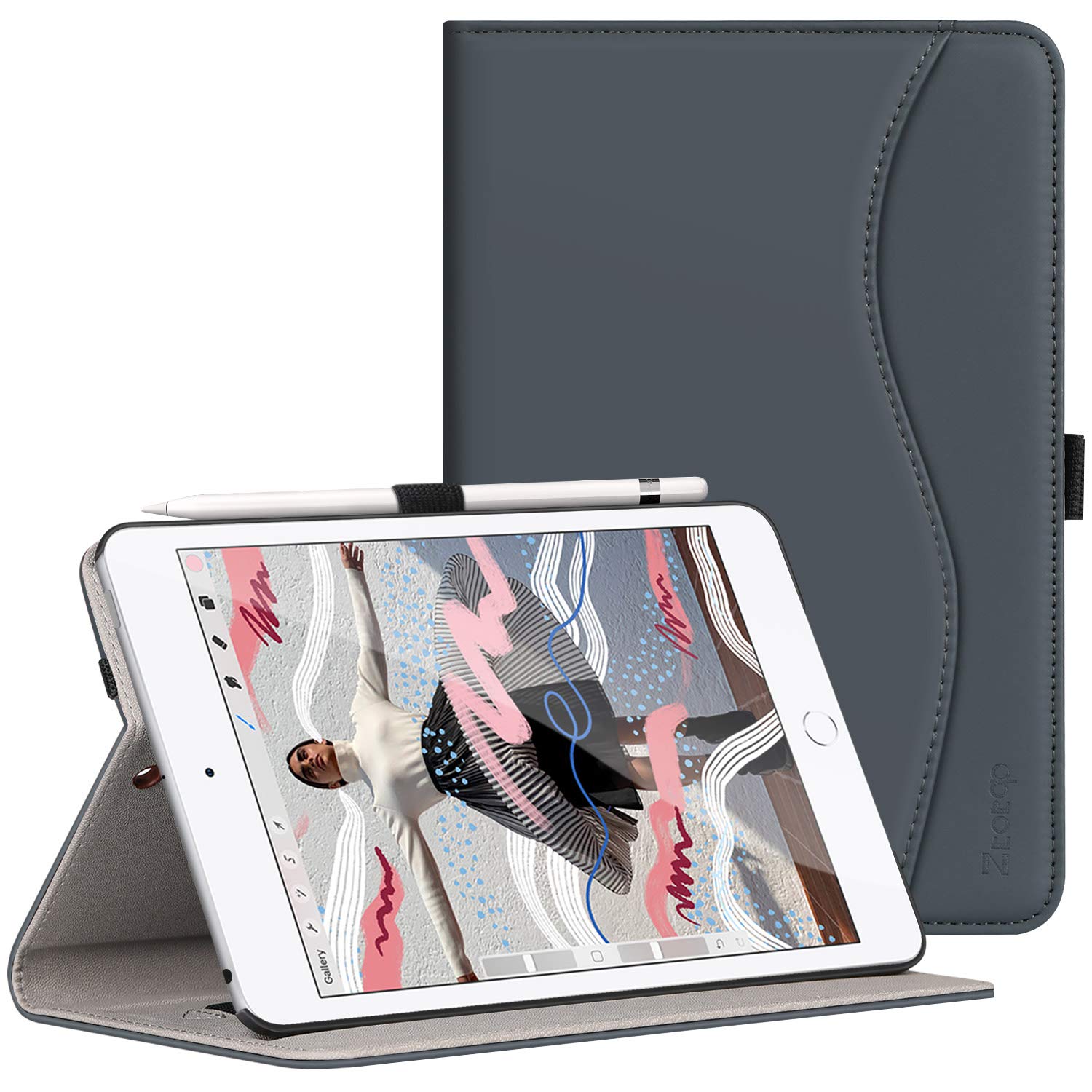 Ztotop for iPad Mini 5 Case, Leather Folio Stand Protective Case Smart Cover with Multi-Angle Viewing, Paperwork Card Pocket, Functional Elastic Strap for iPad Mini 5th Gen 2019 - Dark Gray