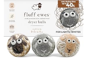 HUSTLE & BLUSH Fluff Ewes Wool Dryer Balls 3 Pack Premium New Zealand Wool Laundry Balls for Dryer, No Static Dryer Balls Laundry Reusable Cute - XL Wool Dryer Balls Cute, Baby Dryer Balls for Dryers - Lights