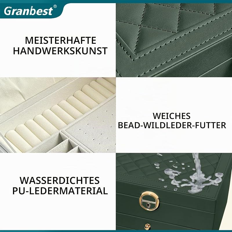 3 Schichten Schmuckkästchen mit 2 Schubladen, Elegante Schmuckkasten, Leder Schmuckbox Ideal für Halsketten, Armbänder, Ringe und Ohrringe (Dunkelgrün) — Foto 5 von 7