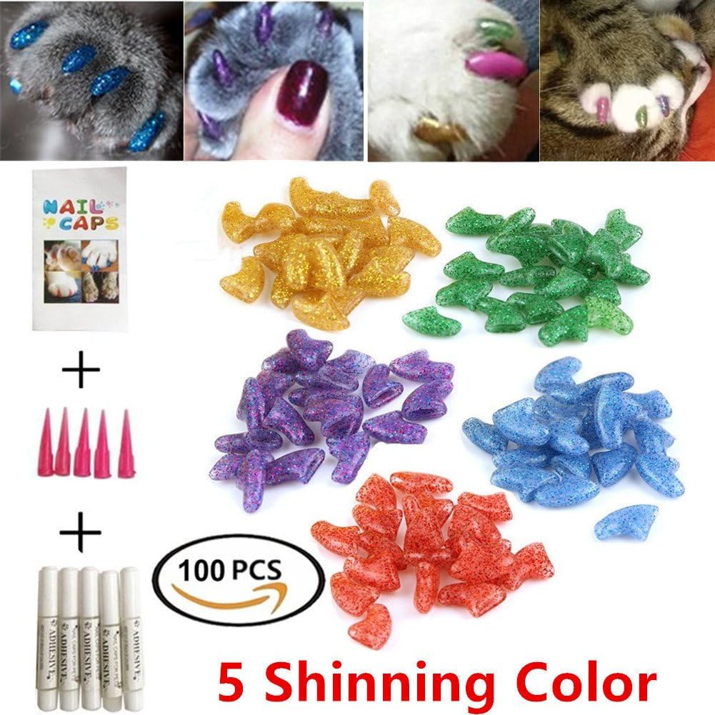 GRAEAR 100Pcs Cat Nail Caps Pet Soft Claws Covers Control Paws Of 5 Different Shinning Glitter Crystal Colors and 5Pcs Adhesive Glue 5pcs Applicator with Instructions (M)