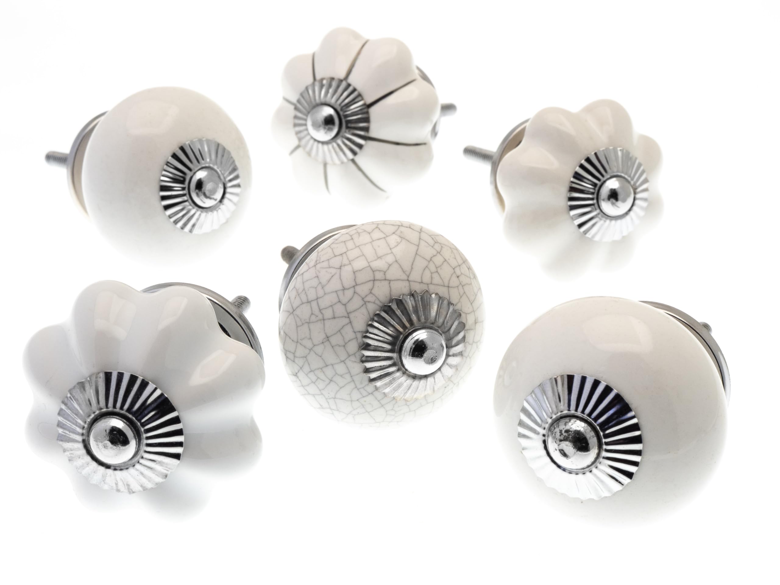 Mango Tree Cupboard Knobs - Decorative Whites and Crackle Finish Round and Flower Shaped Ceramic Door and Drawer Handles – Vintage Home Décor Set of 6