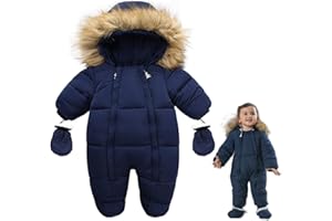 Baby Winter Snowsuit Warm Hooded Puffy Coat Jacket Footed Romper Infant Jumpsuit Outwear with Gloves for Unisex 6-24M