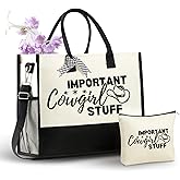 InnoBeta Western Cowgirl Gifts for Women, Canvas Tote Bag on Christmas or Birthday, Tote with Top Zipper Closure and Shoulder Strap - Important Cowgirl Stuff