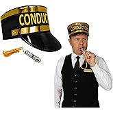 Nicky Bigs Novelties Train Engineer Conductor Hat And Whistle Set Adjustable Size Adult Costume Accessory (53-60 cm) Black & Gold Trim | Halloween, Christmas, Express Train Theme