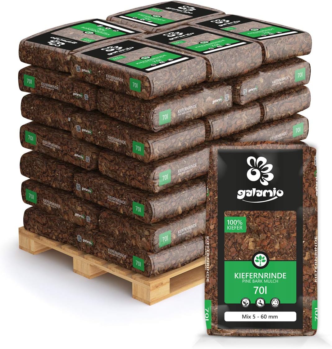PALIGO Rindenmulch Mulch Garten Holz Dekor Rinde Borke Natur Pinus Sylvestris Wald Kiefer Mix 5-60mm 70l x 36 Sack 2.520l / 1 Palette Galamio