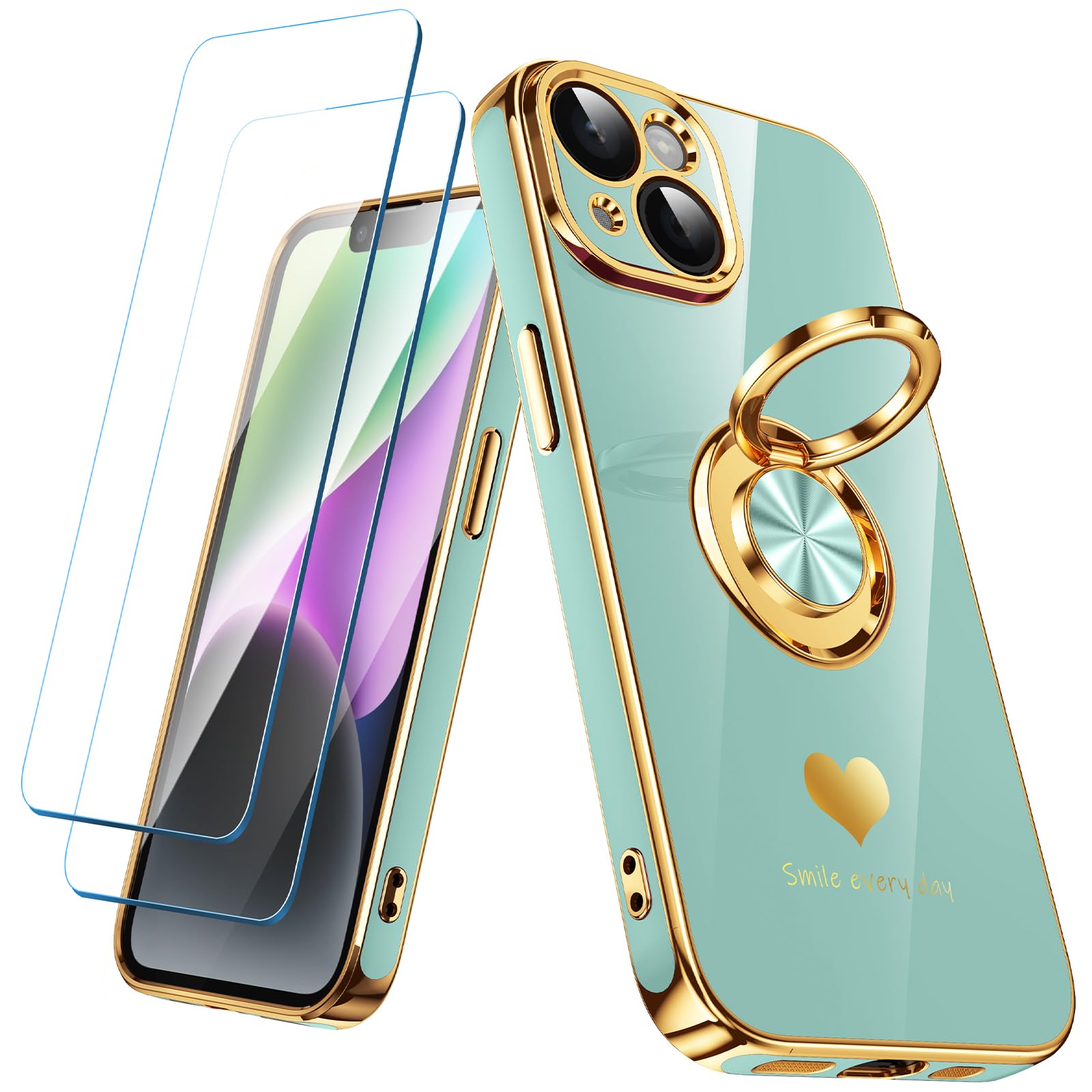 Nonional Compatible for iPhone 14 Case with 2 Pack Screen Protector, 360° Rotatable Ring Holder [Luxury Hearts Pattern] Plating Gold Edge Slim Soft Phone Cover Case for iPhone 14 - Mint