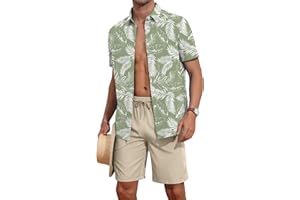YTD Men's 2 Piece Outfits Tropical Print Short Sleeve Button Down Hawaiian Shirt and Beach Shorts Set