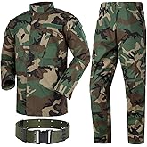 H World Shopping Military Tactical Mens Hunting Combat BDU Uniform Suit Shirt & Pants with Belt Woodland Camo