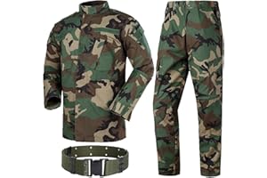 H World Shopping Military Tactical Mens Hunting Combat BDU Uniform Suit Shirt & Pants with Belt Woodland