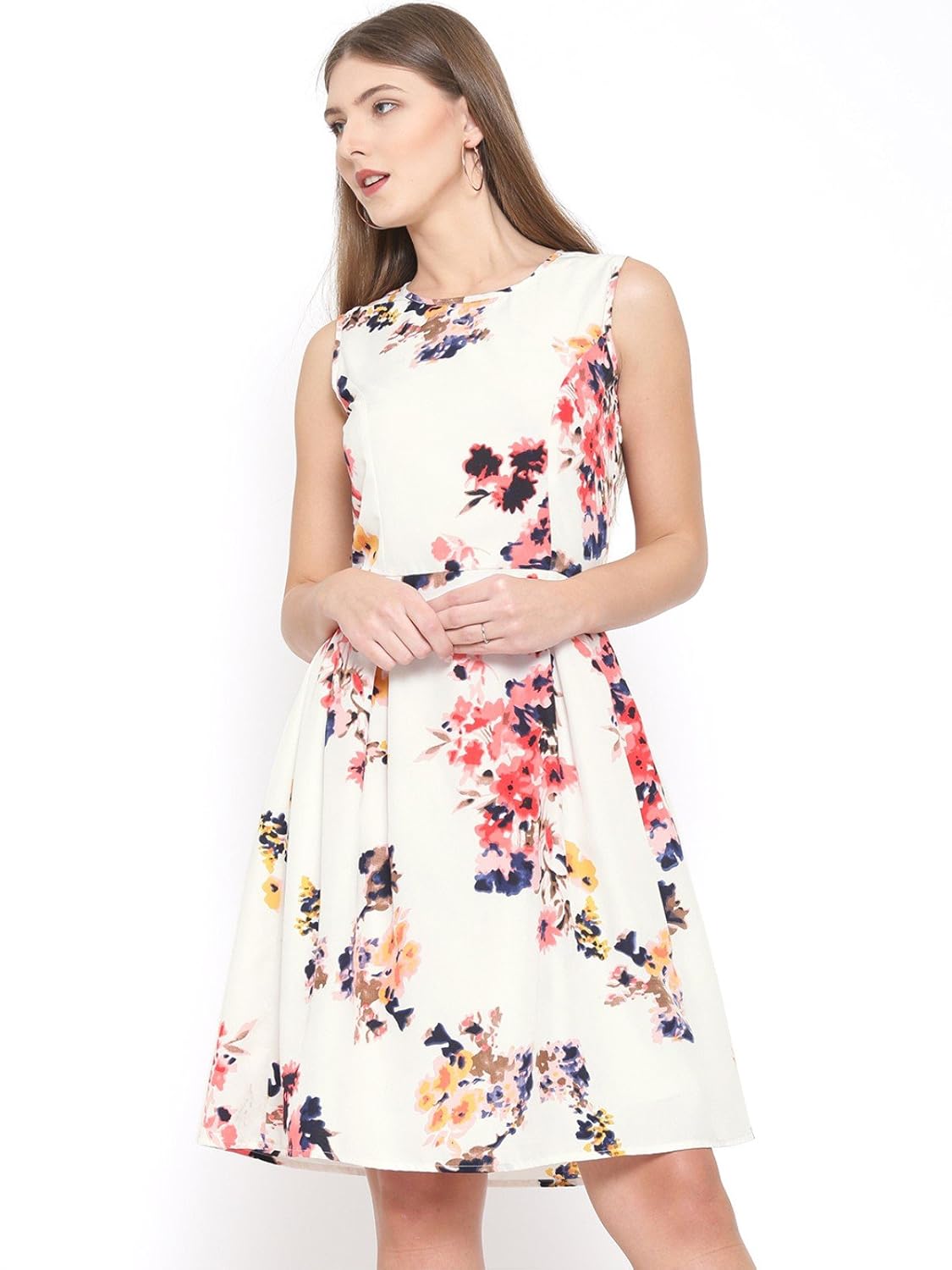 rare women off-white floral print fit & flare dress (ep1392)