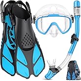 Ubekezele Snorkeling Gear for Adults Men Women,4 in 1 Snorkel Set with Panoramic View Diving Mask Anti-Fog Anti-Leak,Dry Top Snorkel,Fins and Travel Bag for Swimming,Snorkeling and Travel Diving